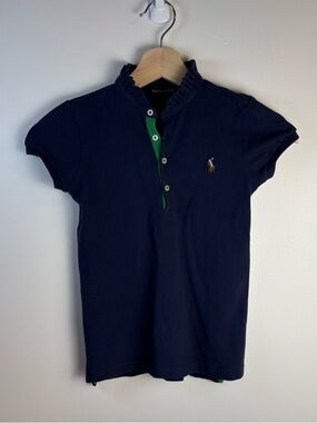 Ralph Lauren Girls Navy Blue Green Polo Shirt Ruffle Collar Logo, Size 6X